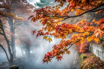 Misty Forest with Red Leaves