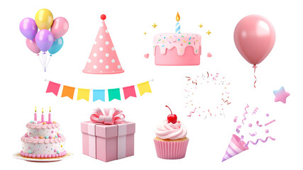 3D birthday party png element set, transparent background