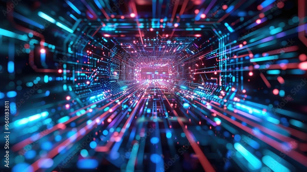 Poster a vivid depiction of a futuristic digital tunnel, featuring vibrant neon lights and intricate data p