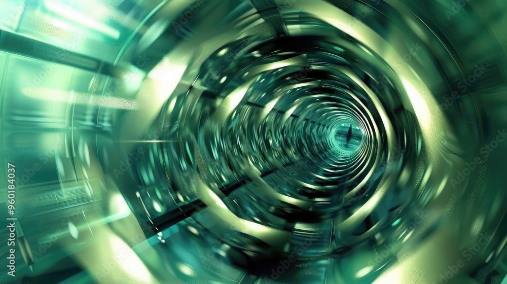 Poster abstract tunnel design in vibrant green hues, creating a futuristic and dynamic visual experience fo