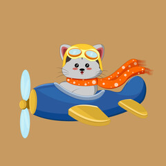 Cute and cool cat pilot flying on airplane illustration animal character sticker mascoot 