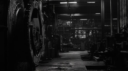 Silhouettes of machinery in a factory, highlighted by dramatic industrial lighting, moody atmosphere, sharp contrasts, modern manufacturing, high-tech setting