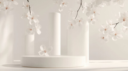 A minimalist white product podium elegantly surrounded by softly floating 3D blossoms in delicate pastel tones.
