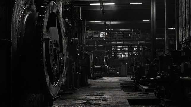 Silhouettes of machinery in a factory, highlighted by dramatic industrial lighting, moody atmosphere, sharp contrasts, modern manufacturing, high-tech setting