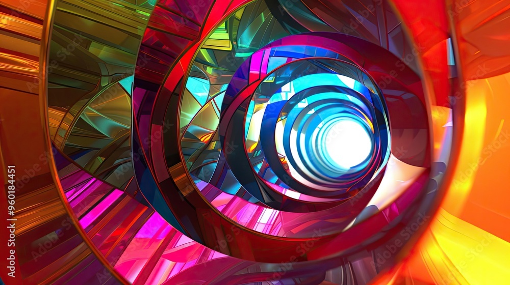 Poster a vibrant, abstract tunnel of colorful shapes leading towards a bright light, creating a sense of de
