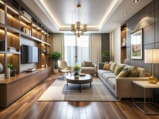 Fototapeta premium This elongated living room design cleverly utilises a narrow layout to position furniture in the most functional and