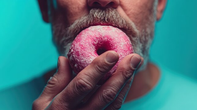 An elderly man relishes a pink donut against a bright blue background, capturing the joy of simple pleasures and the whimsical contrast between the vibrant colors of pink and blue. - Powered by Adobe