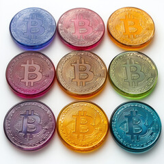 Editorial Photography of Multiple New Colorful Bitcoin Coins Neatly Arranged on White Background with Refraction Effects