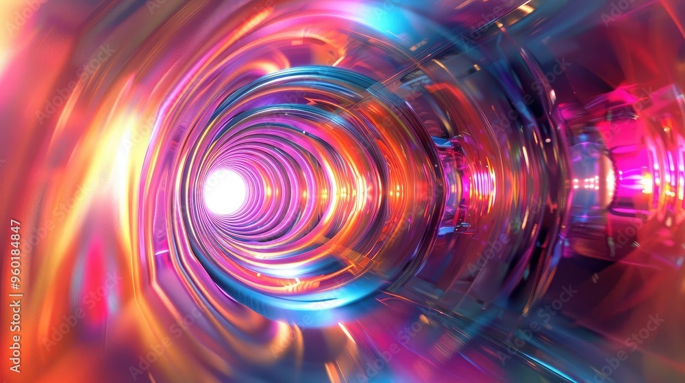 Poster a vibrant, abstract tunnel of light showcasing dynamic colors and mesmerizing patterns, perfect for 