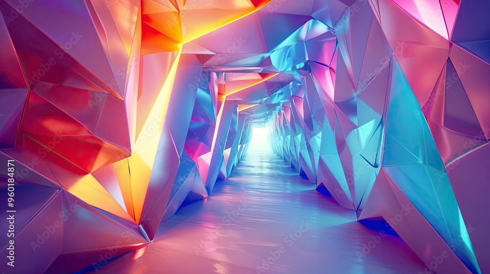 Poster a vibrant, futuristic corridor featuring dynamic geometric shapes and colorful lighting, creating an