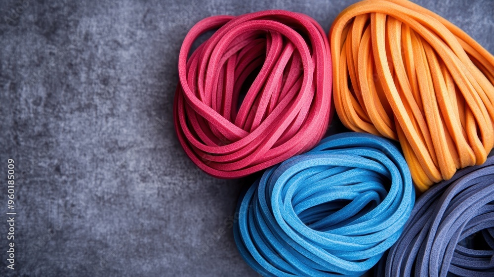 Aufkleber various brightly colored elastic bands organized in circular loops are displayed against a textured 