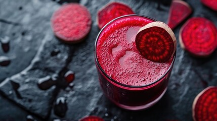 A vibrant glass of beetroot juice garnished with a slice, surrounded by beetroot slices.