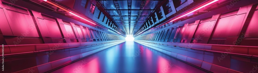 Poster a vibrant tunnel illuminated by colorful neon lights, creating a futuristic and dynamic visual exper