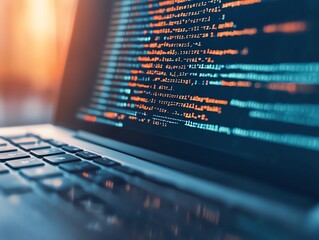 High-tech laptop displaying complex code snippets, web development tools, programmer s workspace