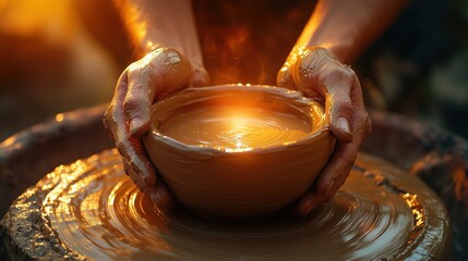 Artisan working clay on a pottery wheel, creating a bowl under warm, glowing light. Ideal for handmade art.