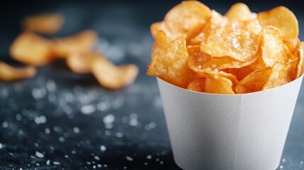 Crispy, salted potato chips overflow from a white paper container set against a dark surface, creating an appetizing and inviting snack time scene.