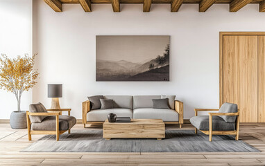 Luxury living room are in a premium property with Japanese inspired furniture and decor. Interior design composition with wood accents