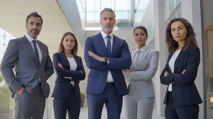 Business team standing together, formal dress, modern office, leadership, unity in diversity, professional collaboration, confident stances