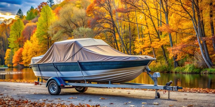 Small recreational boat covered by tarp on trailer in autumn