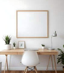 Fototapeta premium A minimalist home office with a wooden desk, a white chair, and a potted plant. The room has a white wall with a wooden frame.