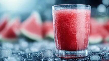A chilled glass of watermelon slushie resting on a bed of ice, surrounded by fresh watermelon slices, epitomizing a refreshing summer drink at its best.