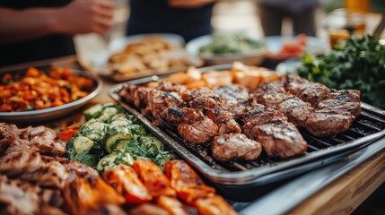 An appetizing spread of grilled meat and vegetables on a barbecue grill, showcasing a hearty and delicious outdoor meal, perfect for family gatherings and cookouts.