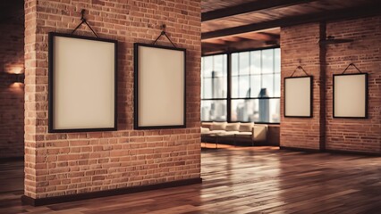 Three blank frame in brick loft room