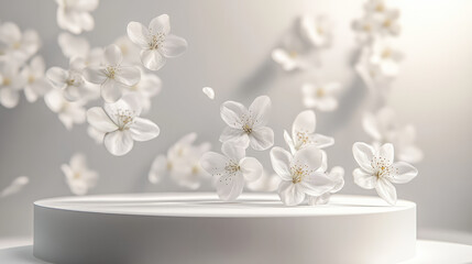 A polished white podium surrounded by gracefully floating 3D blossoms in soothing pastel tones.