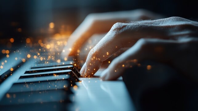 A close-up of hands gracefully playing a piano, surrounded by sparkling lights, creating a magical and enchanting atmosphere that highlights the beauty of music.