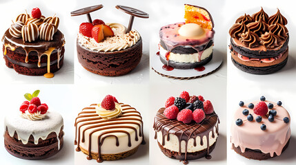 Various of sweets and desserts set and collection. chocolate cake, cupcakes, red velvet cake, apple pie, macarons, pretzel, donut, pastries, muffin, cookies, croissant. Bakery sweets isolated on white