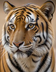 Obraz premium A focused photo captures a Bengal tiger in a moment of serene contemplation, its intense gaze fixed on the beauty of nature surrounding it. 