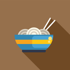 Simple and colorful vector illustration of a bowl of noodles with chopsticks, casting a long shadow