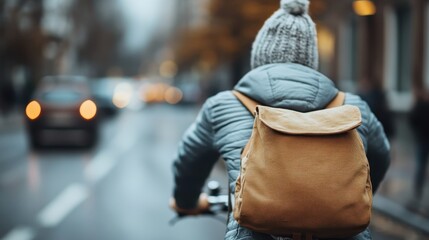 A person is cycling along a city street on a cold winter day, wearing a gray jacket and knit hat, with city lights and buildings in the background.
