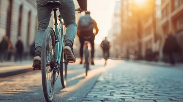 Cyclists are riding their bikes on a cobblestone city street, capturing the essence of an early morning commute. The sunlight adds a warm glow to the urban scene.