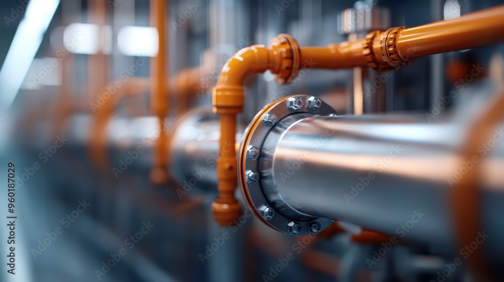 Poster close-up of a modern facility with orange pipes, showcasing industrial design and functionality with
