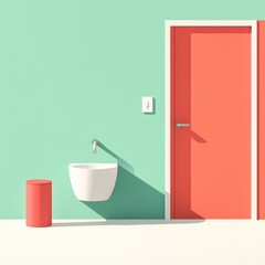 Minimalist Bathroom Interior with Red Door and Sink