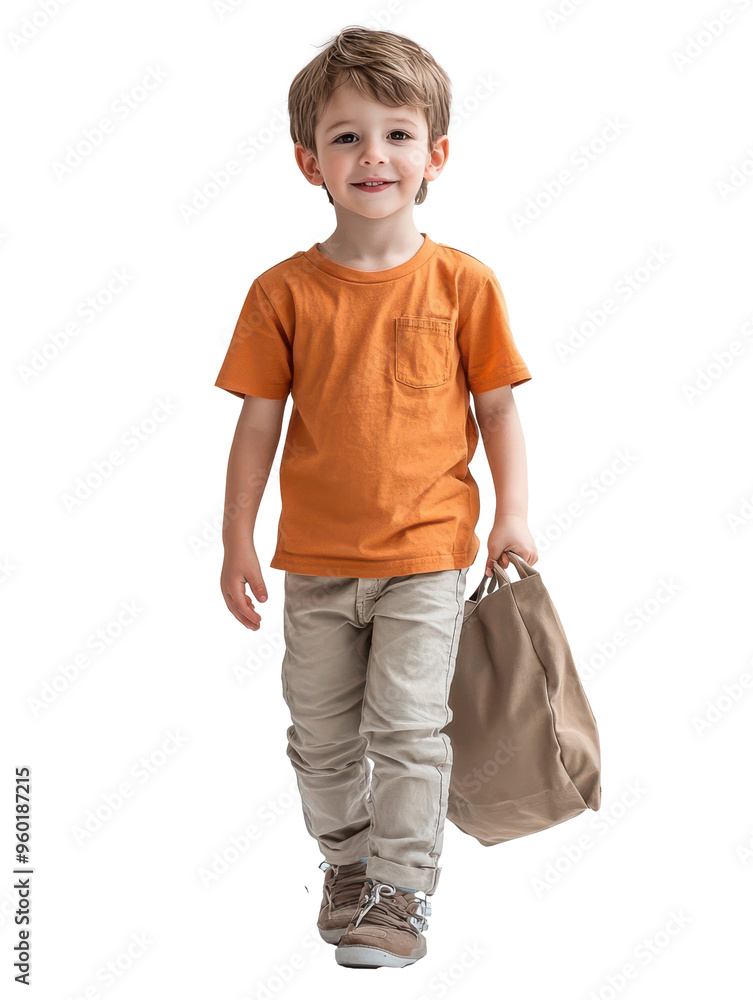 Wall mural little boy in orange t-shirt walking with bag in hand