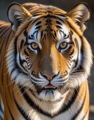 Fototapeta premium A focused photo captures a Bengal tiger in a moment of serene contemplation, its intense gaze fixed on the beauty of nature surrounding it. 