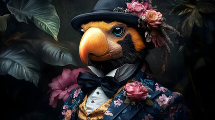 A bird in a stylish suit adorned with flowers and a bow tie.