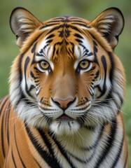 A focused photo captures a Bengal tiger in a moment of serene contemplation, its intense gaze fixed on the beauty of nature surrounding it. 