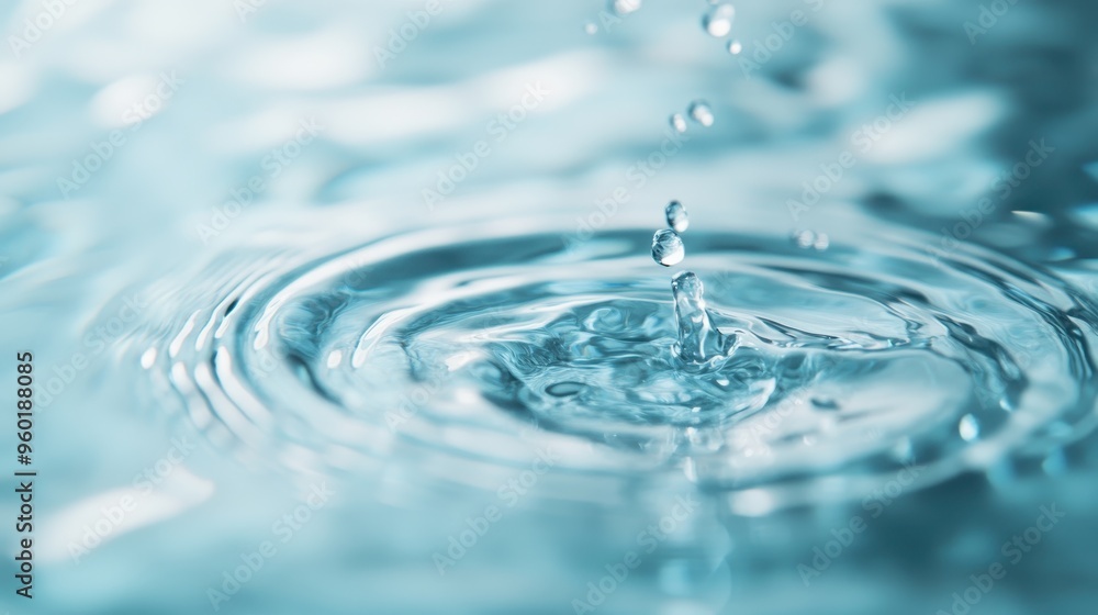 Poster a single water droplet falling onto a clear liquid surface, creating ripples that spread outward in 