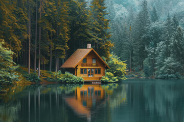 Fototapeta premium Lakeside cabins nestled among towering pines. The image is reflected in the calm waters.