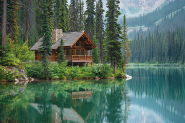 Fototapeta premium Lakeside cabins nestled among towering pines. The image is reflected in the calm waters.