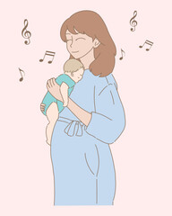 Mother holding sleeping baby in arms, singing lullaby to newborn.   Mom soothing infant before bedtime, feeling happiness of motherhood. Hand drawn flat cartoon character vector illustration.