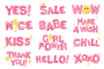 PNG fluffy word sticker set, transparent background