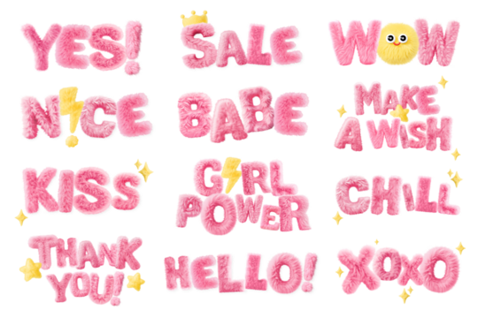 PNG fluffy word sticker set, transparent background