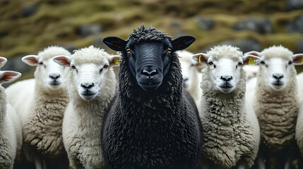 Fototapeta premium A black sheep stands out among a group of white sheep.