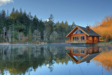 Obraz premium Lakeside cabins nestled among towering pines. The image is reflected in the calm waters.