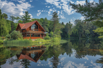 Obraz premium Lakeside cabins nestled among towering pines. The image is reflected in the calm waters.