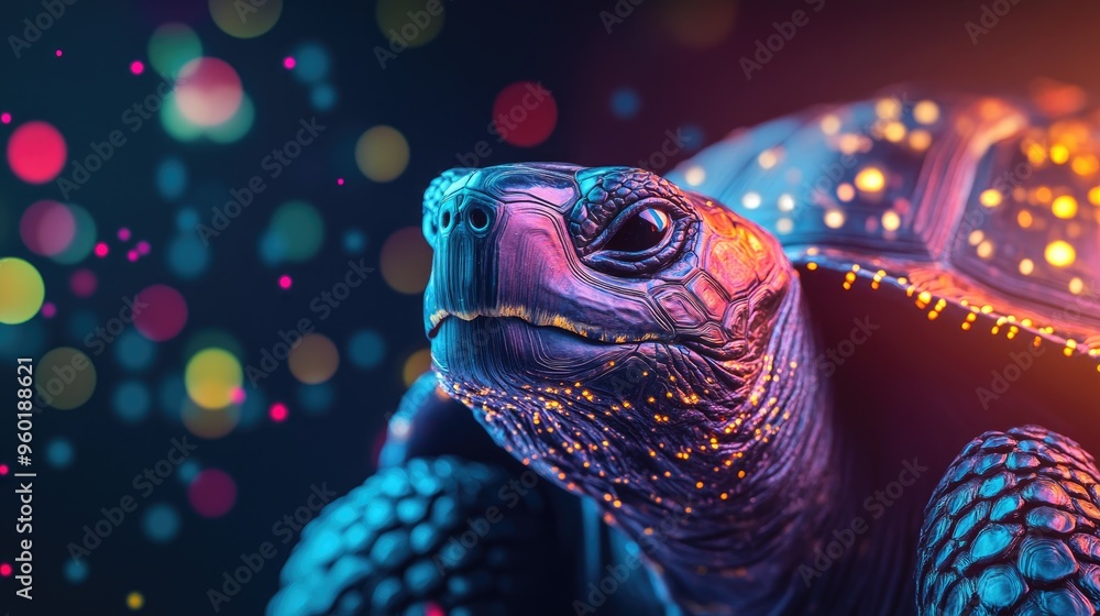 Poster a vibrant, illuminated turtle portrait with a colorful bokeh background.